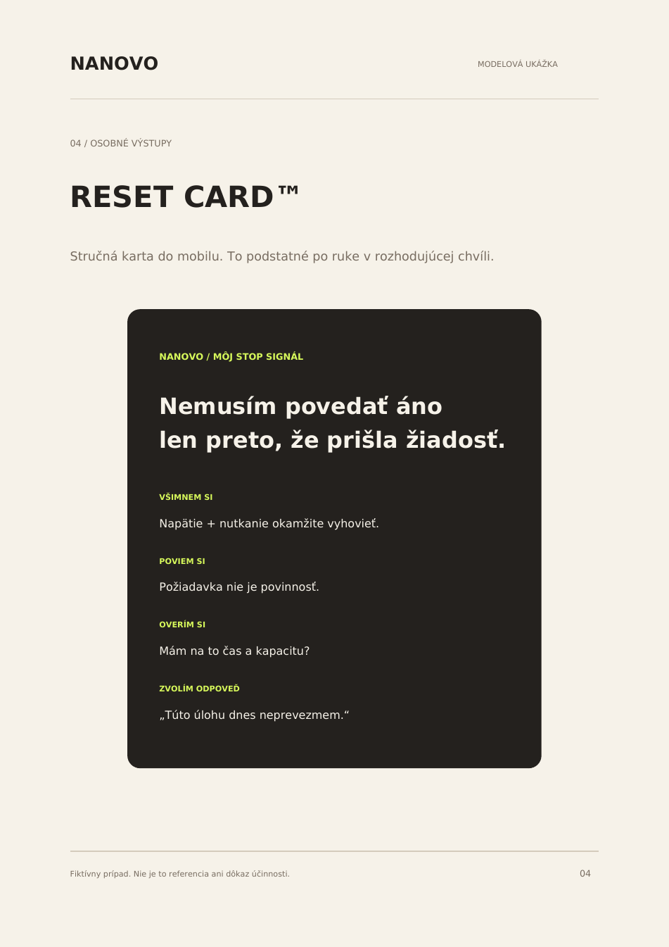 Modelová ukážka materiálu RESET CARD